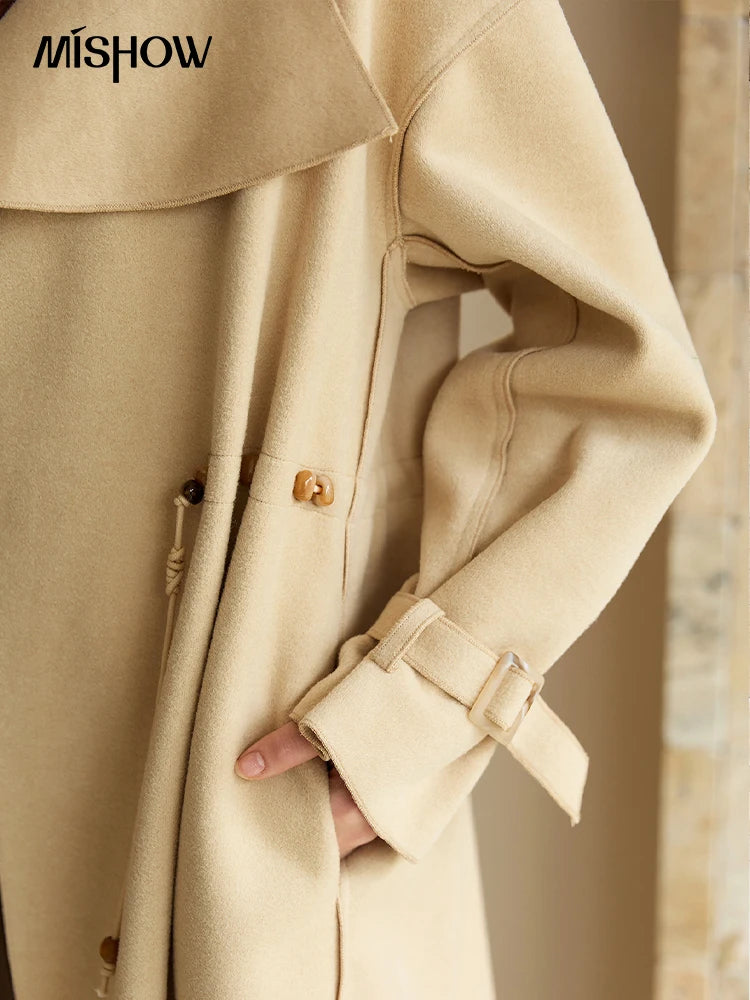 Mishow Drawstring Waist Large Lapel Mid-Length Woolen Coat MXE45W0841