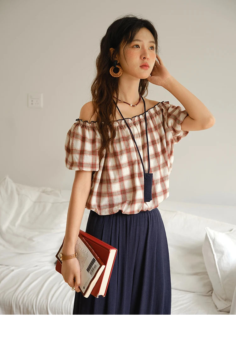 Mishow Retro Red Grid Puff Sleeve Top & Wide Leg Pants Set MXE37T0649