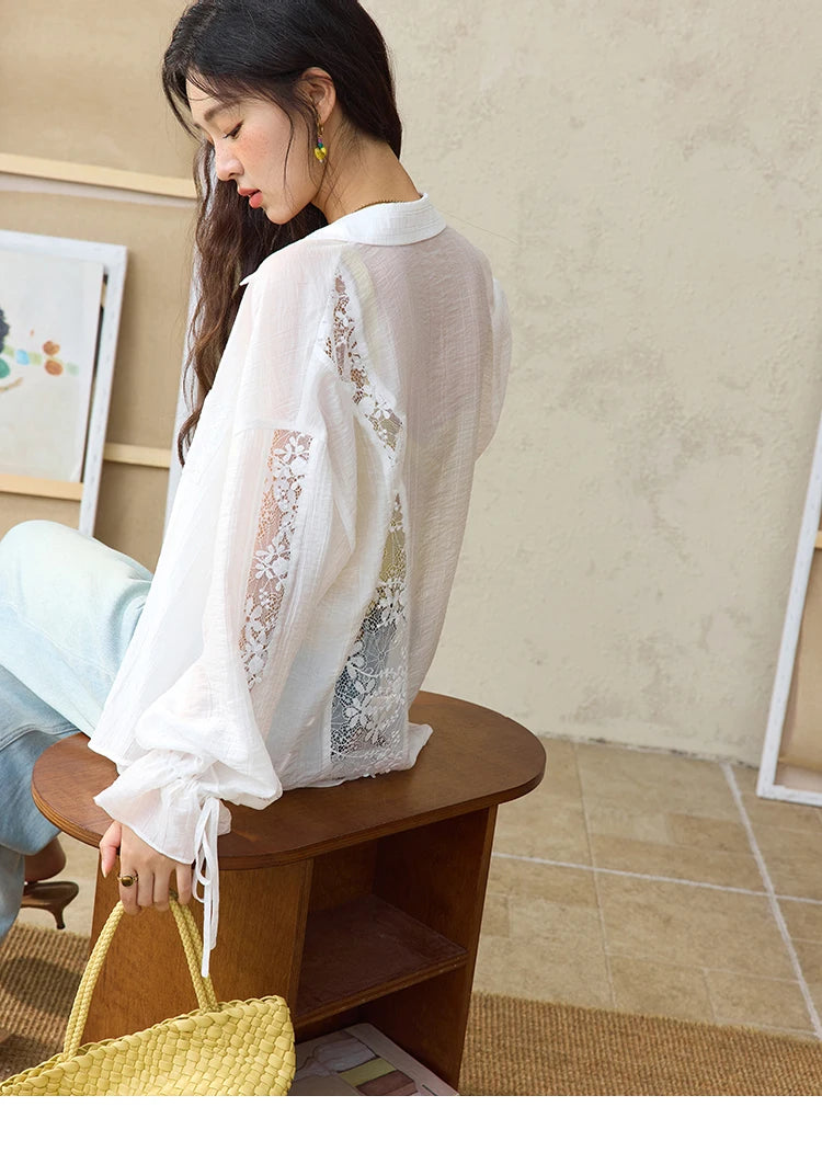 MISHOW Women's Patchwork Lace Shirt Lapel Drop Sleeve Drawstring Cuffs MXE31C0789