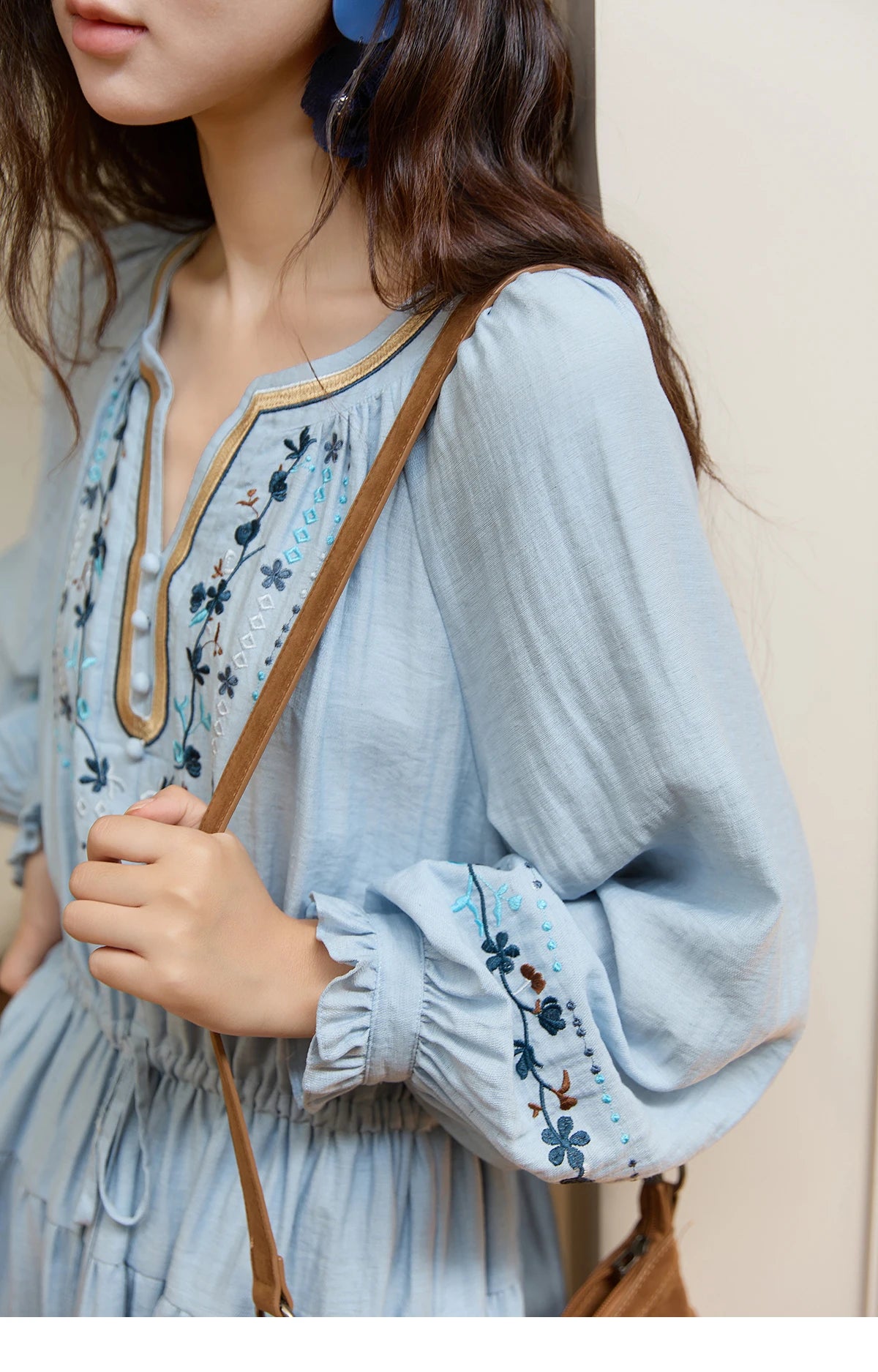 Mishow V-Neck Embroidered Drawstring Bohemian Dress MXE44L2489