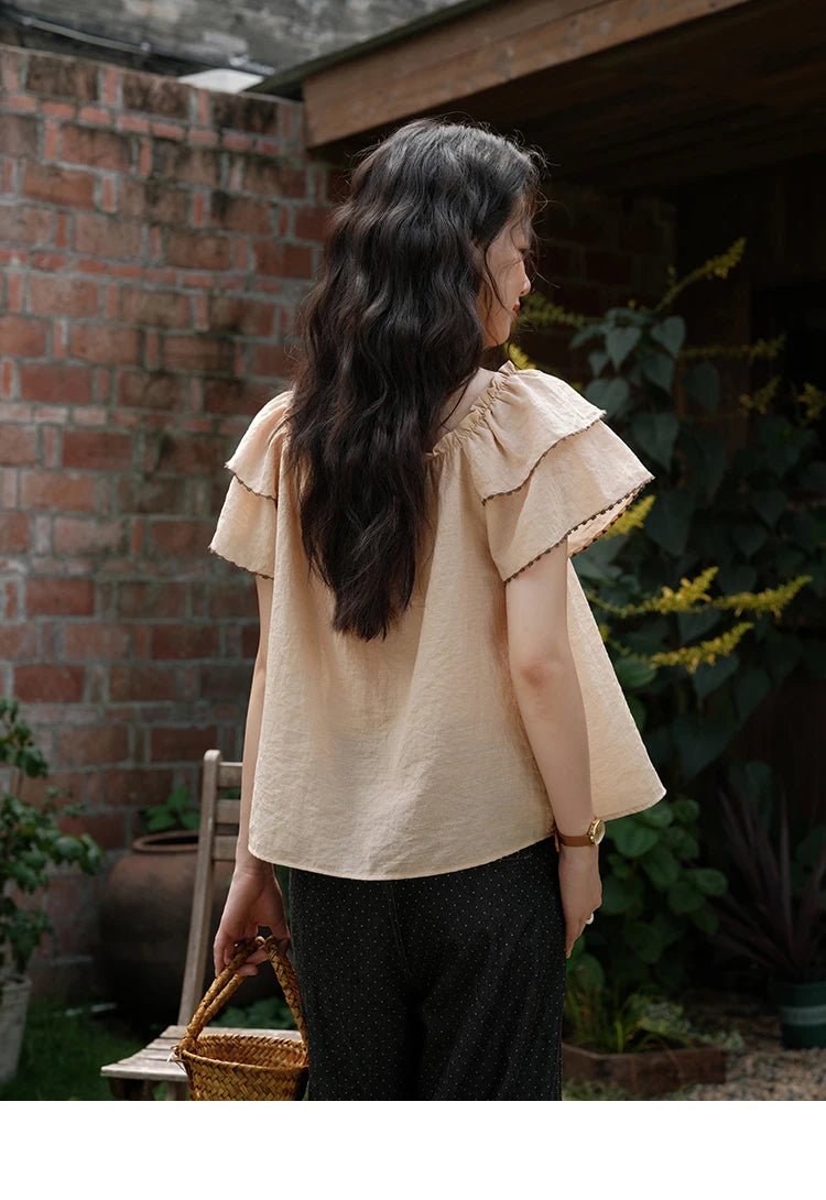 MISHOW Butterfly Sleeve Blouse Square Neck Button Loose MXE37X1854