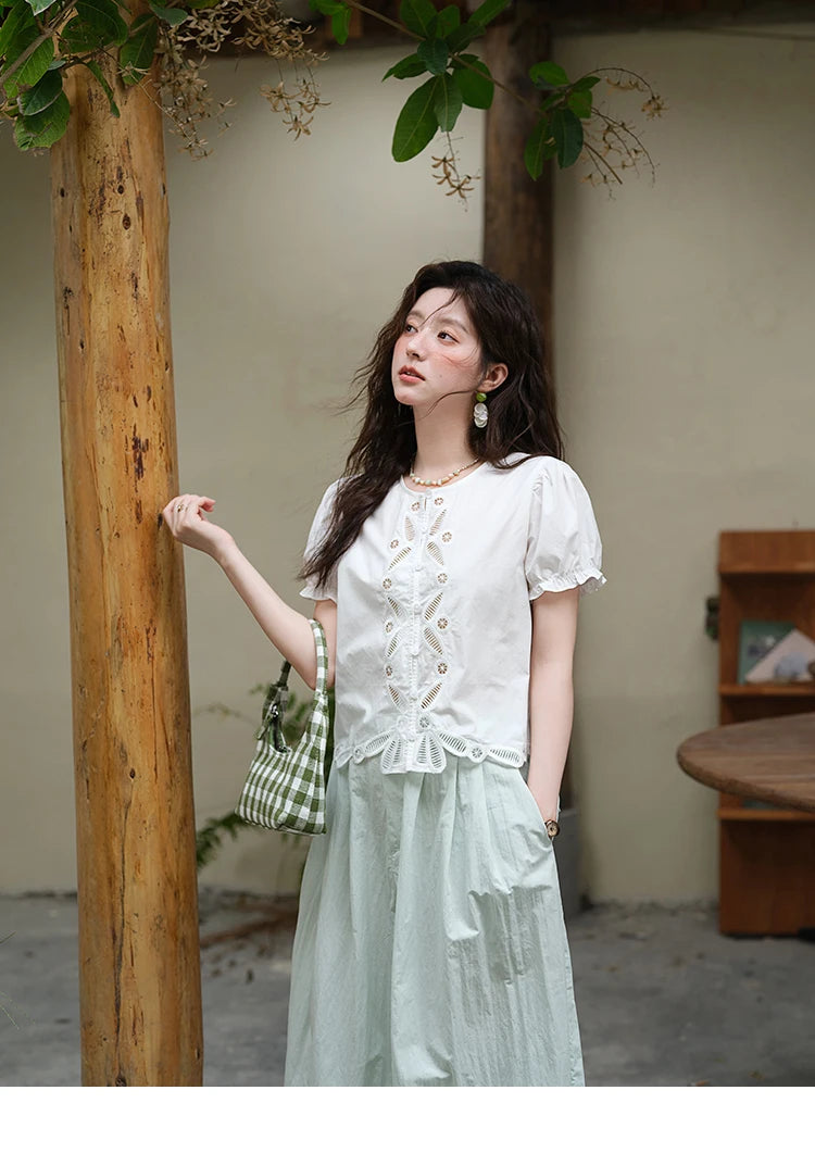 MISHOW 100% Cotton Hollow Embroidery Round Neck Puff Sleeve MXE39X1938