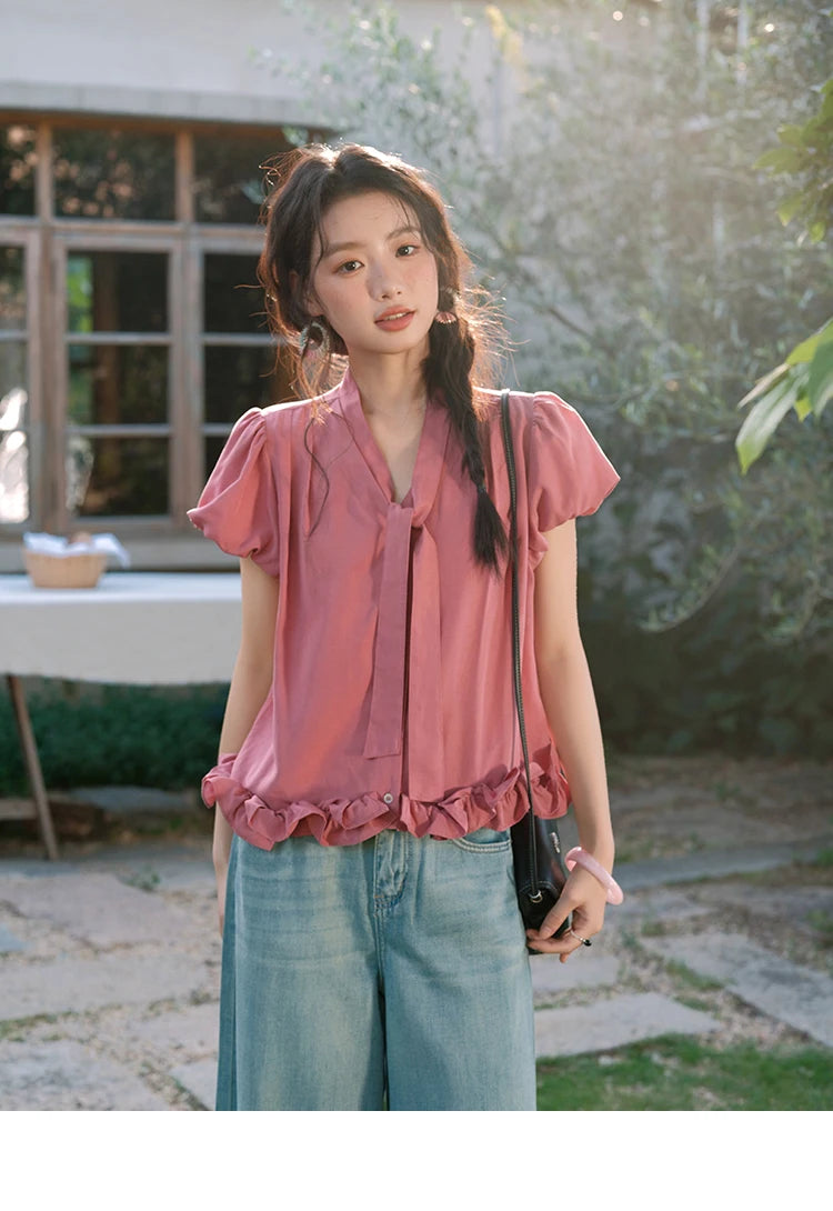 MISHOW V-Neck Puff Sleeve Blouse Lace Up Button Sweet MXE38X1914