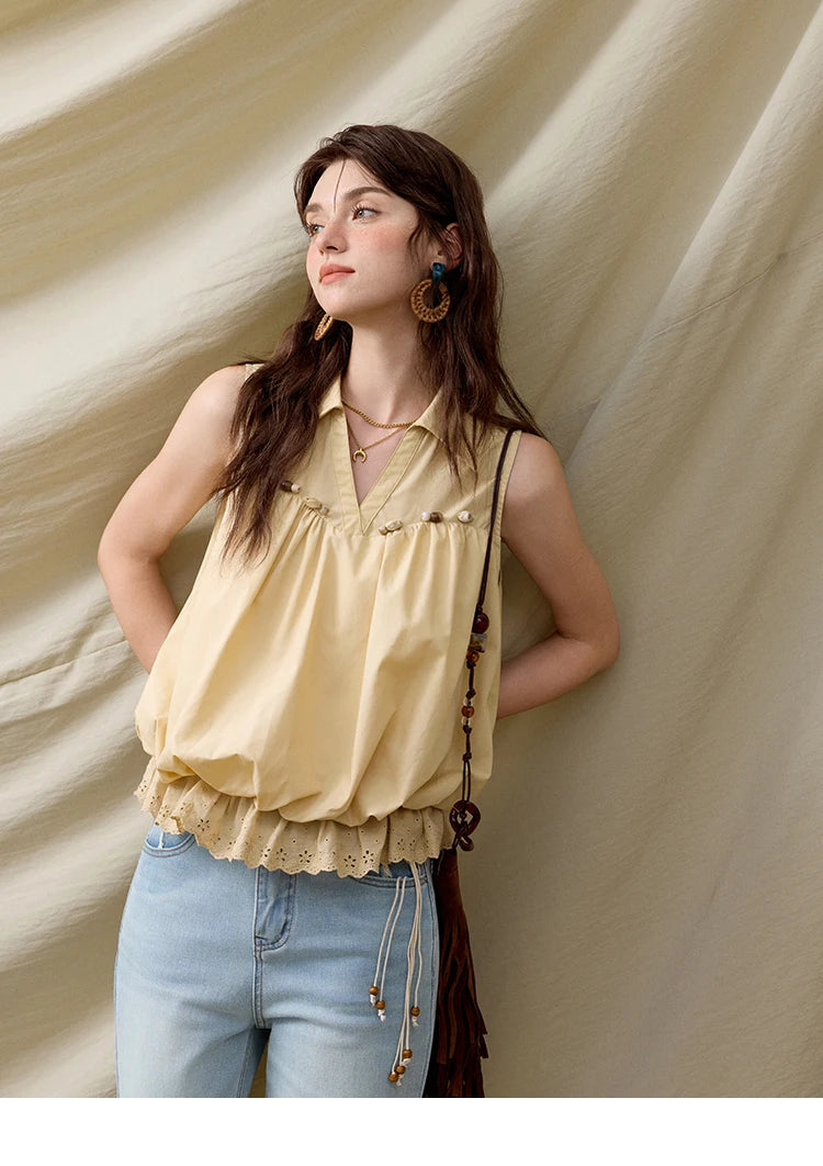 MISHOW Sleeveless Blouse Turn-Down Collar Hollow Lace MXE31X1760