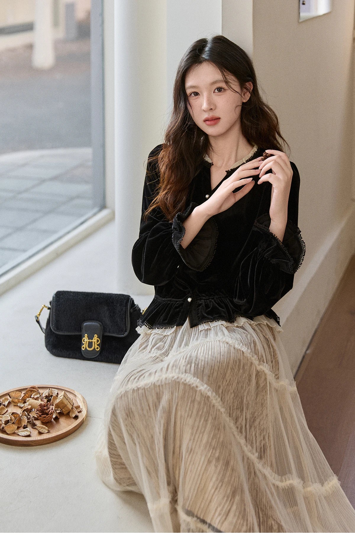 Mishow Black Velvet Lace Pearl Button Puff Sleeve Shirt MXE94X2516