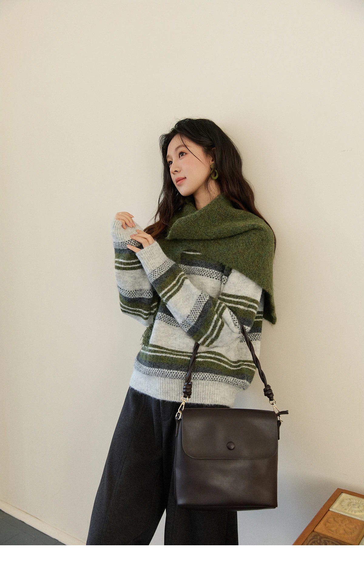 Mishow Wool Blend Retro Striped Sweater with Scarf MXE94Z2987