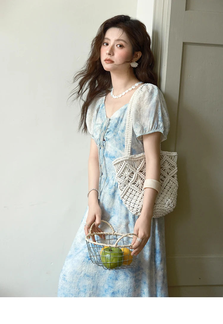 Mishow V-Neck Lace-Up Puff Sleeve Flower Dress MXE38L2379