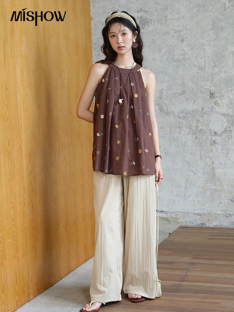 Mishow Embroidery Hanging Neck Sleeveless Top & Khaki Wide Leg Pants Set MXE39T0713