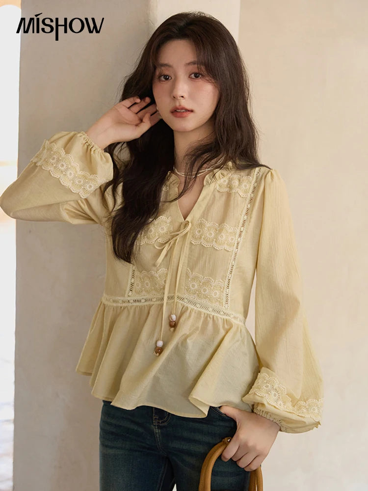 MISHOW French V-Neck Blouse Lace Patchwork Lantern Sleeve MXE41X1925