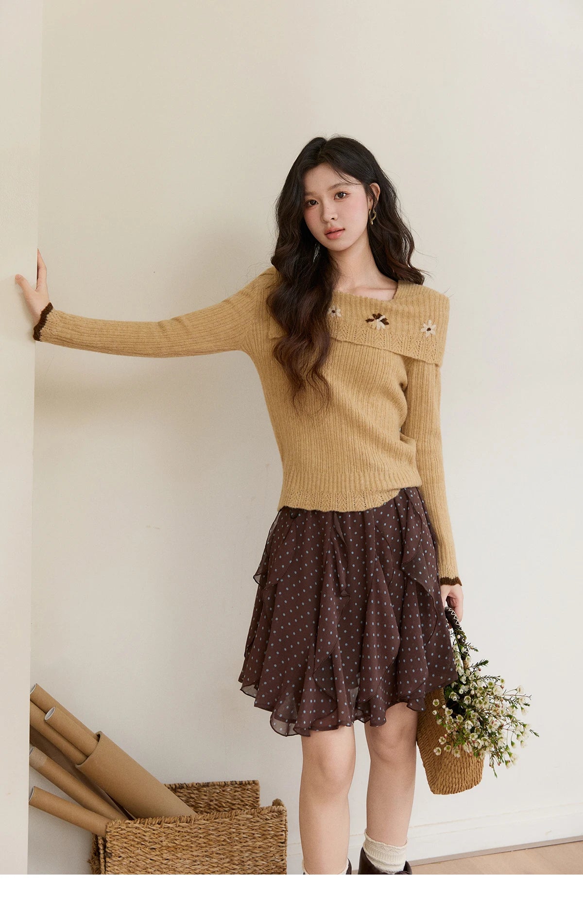 Mishow Yellow One Shoulder Floral Ribbed Sweater MXF11Z2894