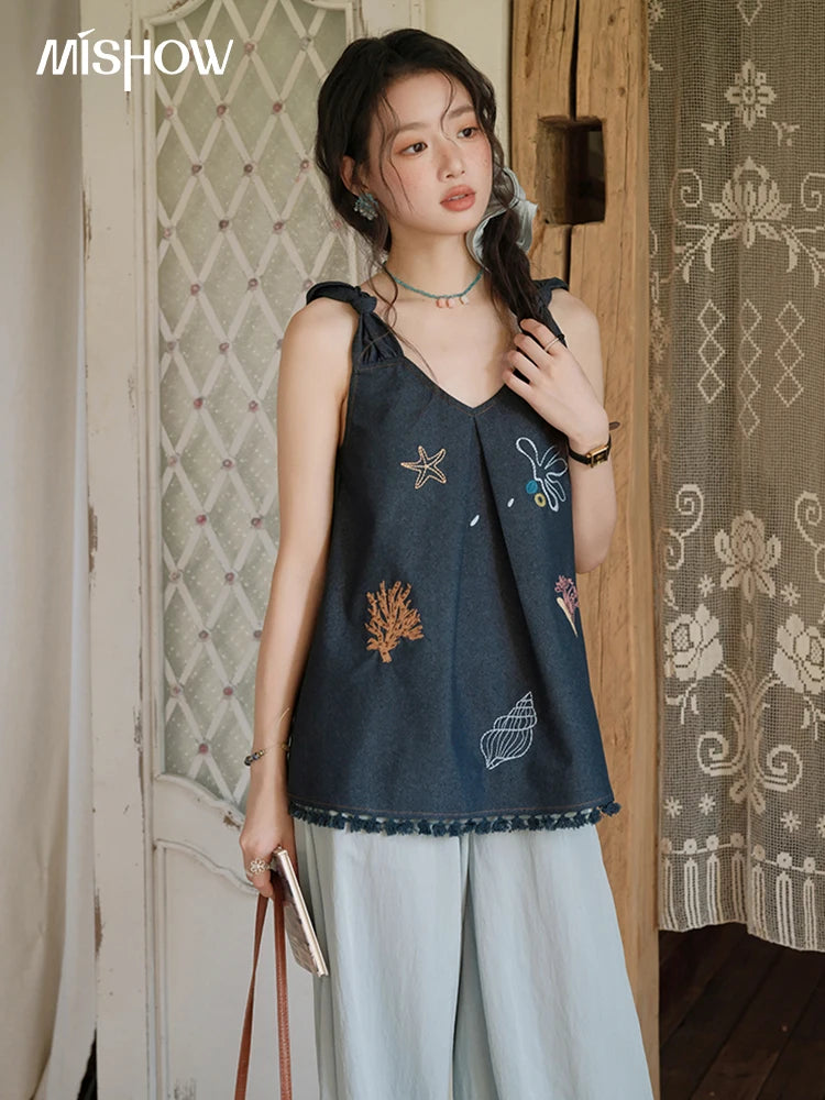 Mishow Embroidery Lace Tassel Denim Vest MXE37X1860