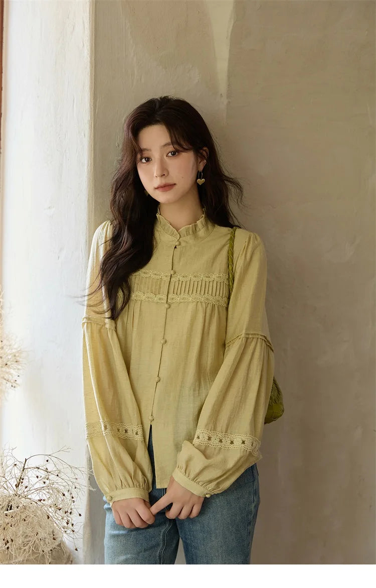 MISHOW Women's Light Yellow Linen Shirt Stand Collar Lace Sleeves MXE42X1976