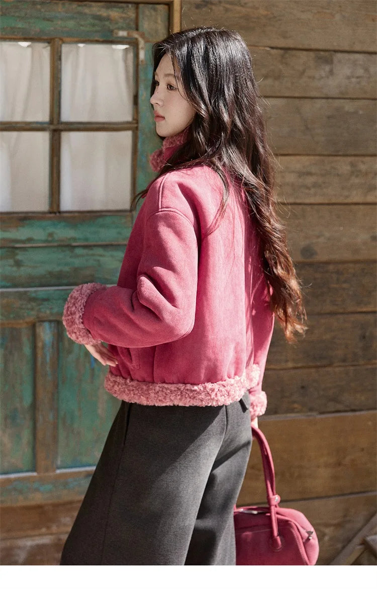 Mishow Dragon Fruit Red Suede Patchwork Coat MXE87W0942