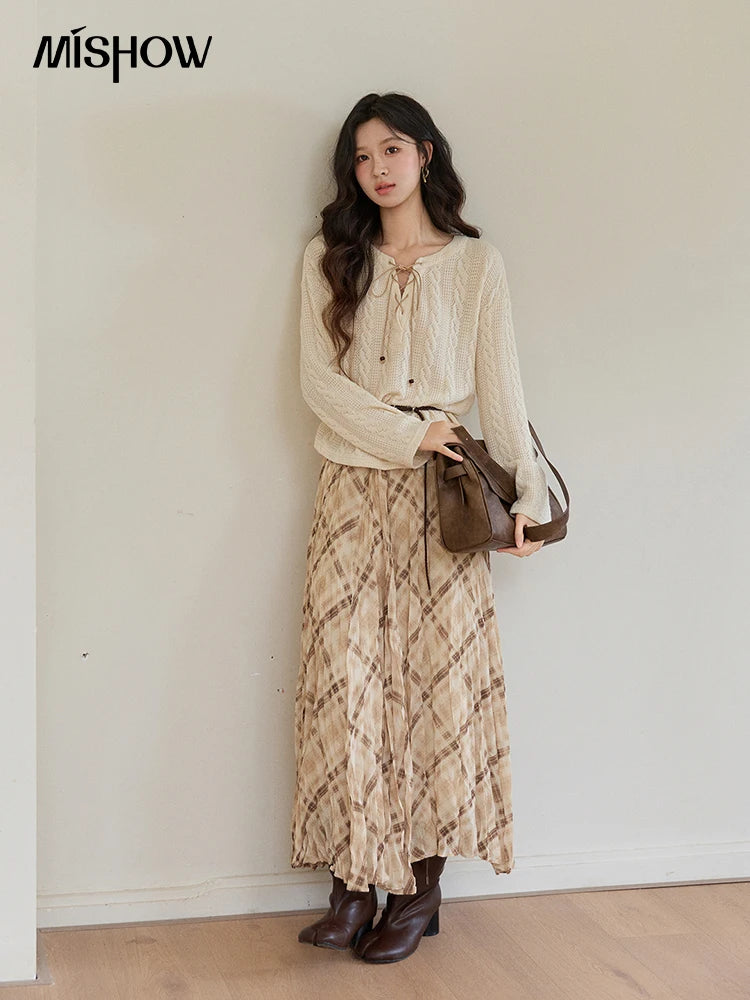 Mishow Beige V-Neck Lace-Up Cable Knit Sweater MXF108Z1029