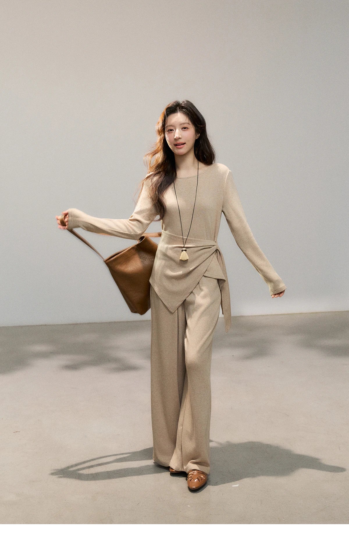 Mishow Khaki Asymmetrical Hem Top & Wide Leg Pants Set MXF11T1465
