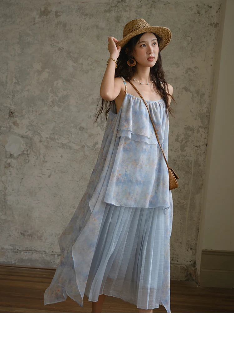 Mishow Print Strap Multi Layer Ruffle Dress MXE35L2233