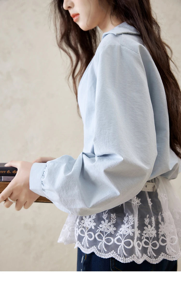 MISHOW French Fake Two-Piece Blouse Turn-Down Collar Lace Splicing MXE16C0783