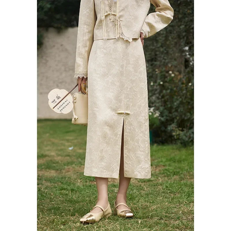Mishow Chinese Lace Edge Jacket & Front Split Midi Skirt Set MXD15W0370