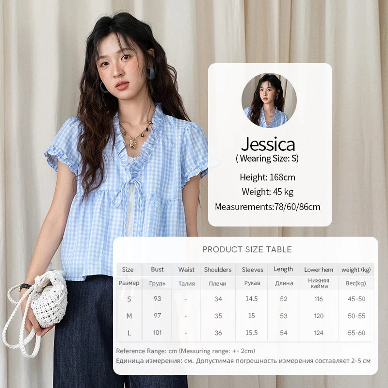 MISHOW Plaid Blue Fake Two Piece Blouse Puff Sleeve V-Neck Lace Up MXE37X1901
