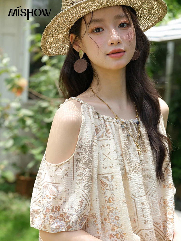 Mishow Bohemian Print Top & Beaded Tassel Drawstring Shorts Set MXE39T0723