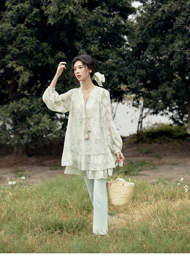 Mishow Floral V-Neck Tassel Lantern Sleeve Dress MXE15L2121