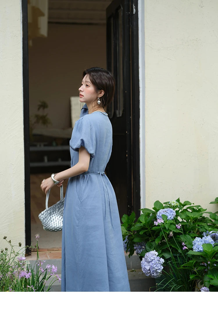 Mishow V-Neck Puff Sleeve Pocket Sash Dress MXE39L2381