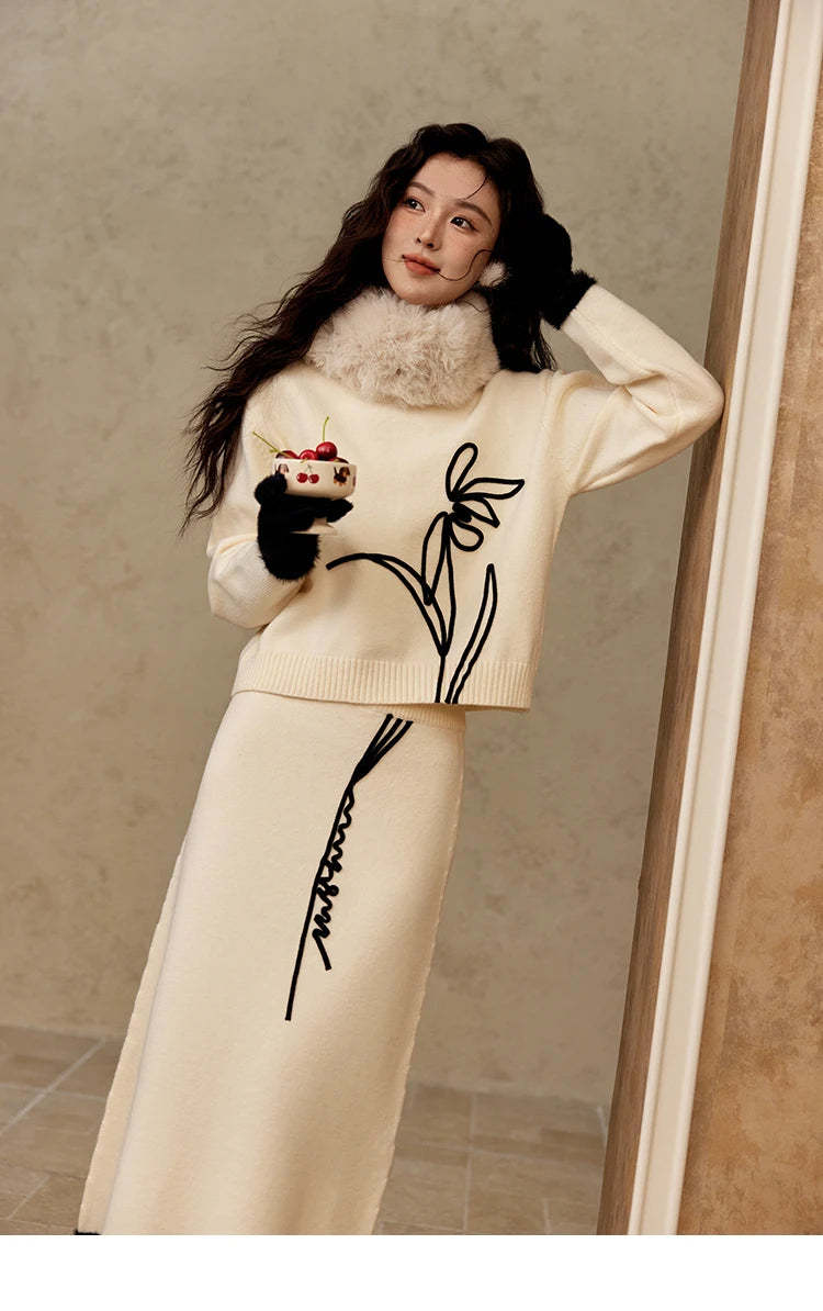 Mishow French Embroidered Knit Top & High Waist Midi Skirt Set MXD57T0463