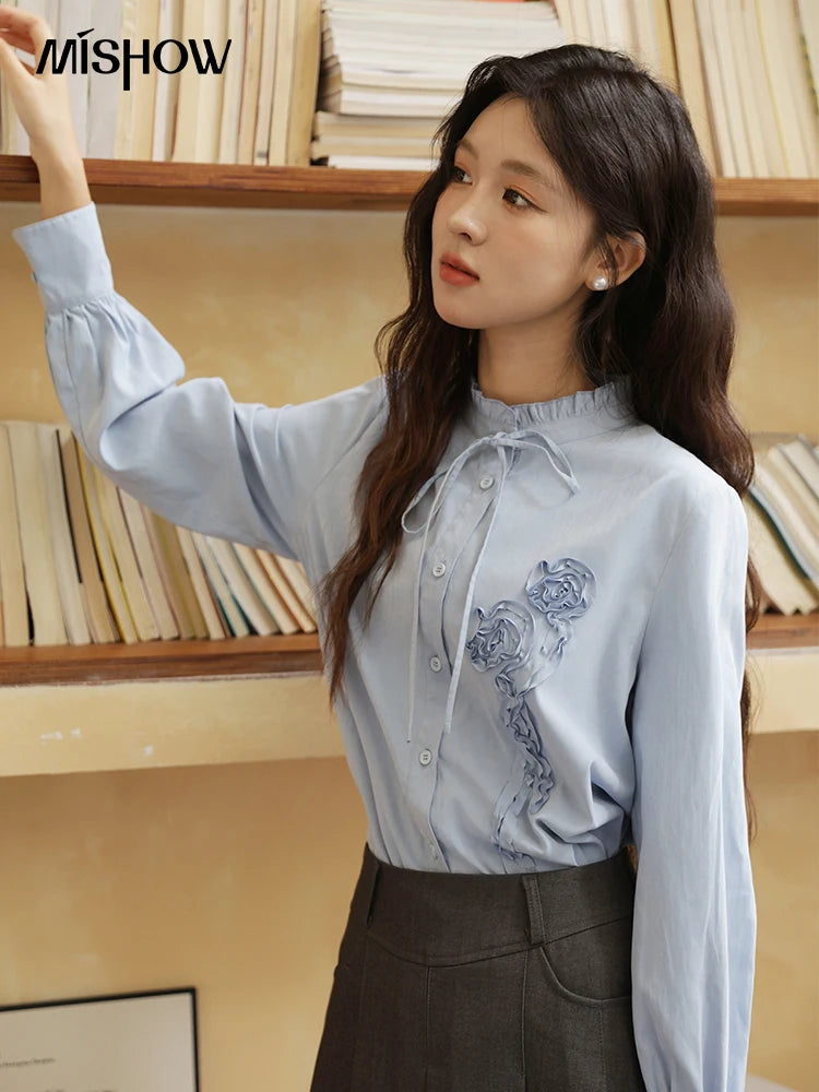MISHOW Coiled Flowers Embroidered Blue Shirt MXE44C2398