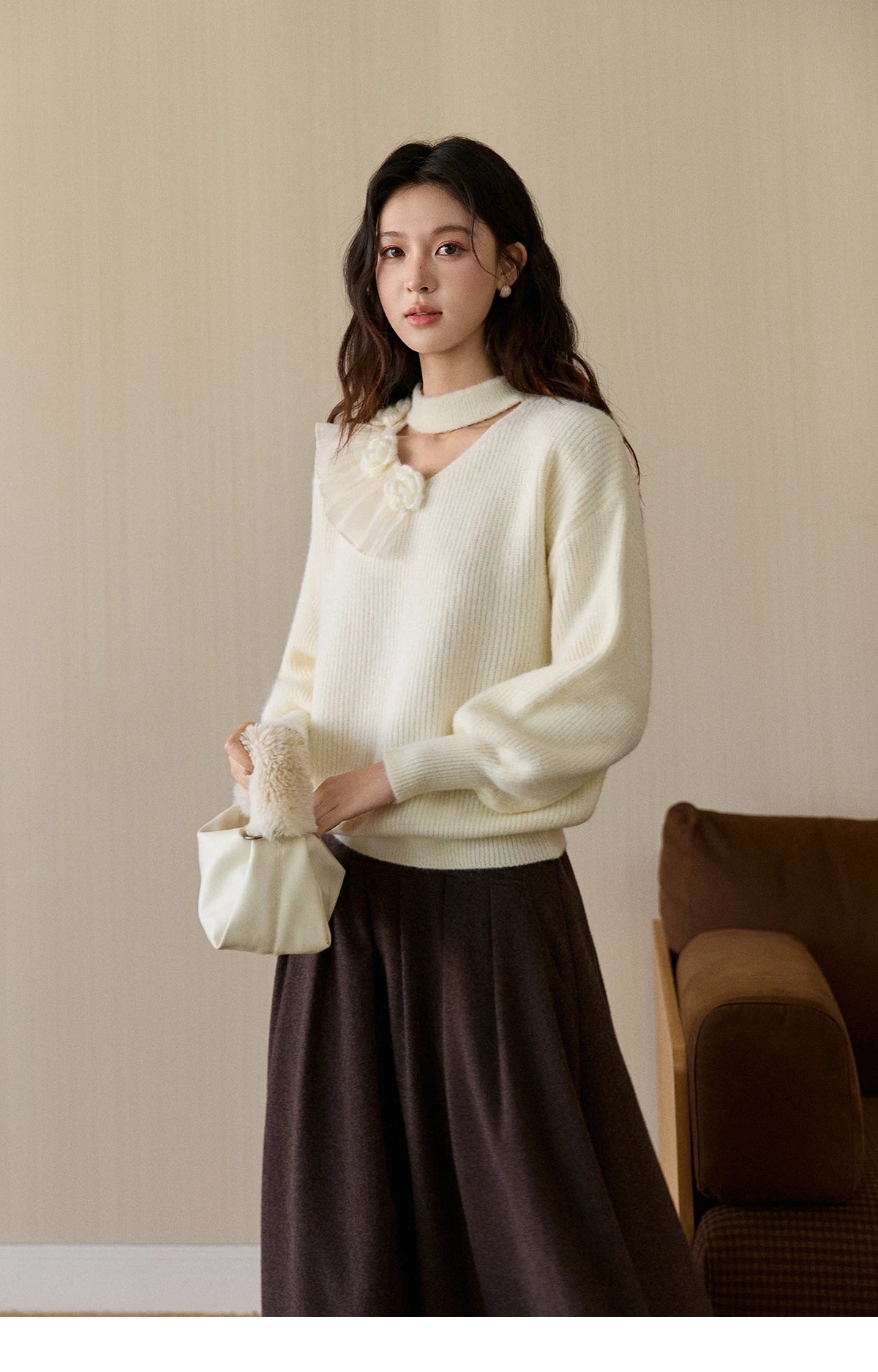 Mishow Cutout Neck Ruffle Flower Lantern Sleeve Pullover MXE94Z2982