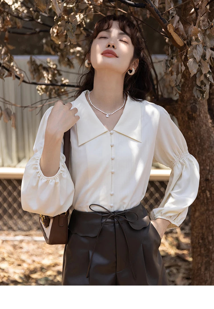 MISHOW Vintage French Lantern Sleeve Blouse Turndown Collar MXB32C0508