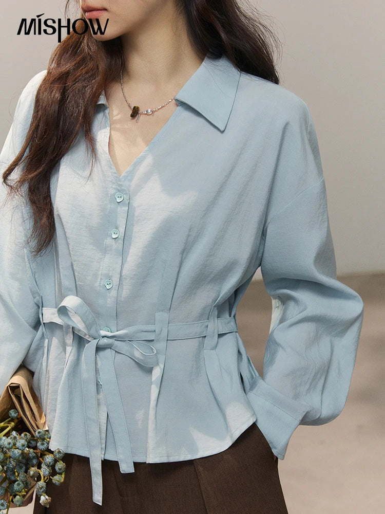 MISHOW Light Blue Lyocell Shirt V-Neck Belted Waist MXF13C2437