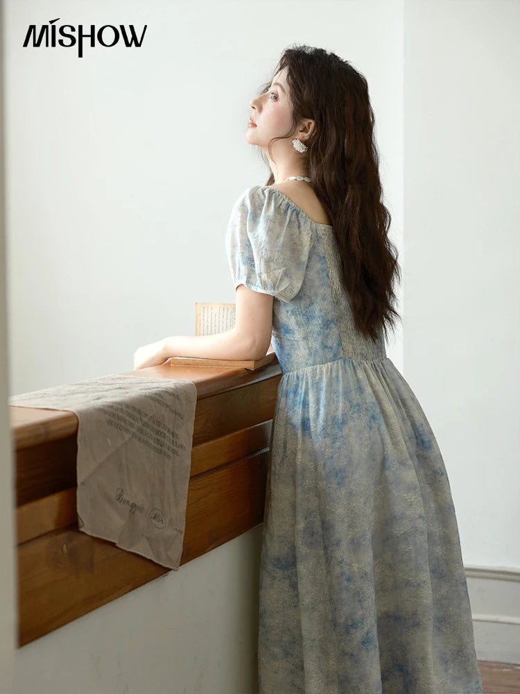 Mishow V-Neck Lace-Up Puff Sleeve Flower Dress MXE38L2379