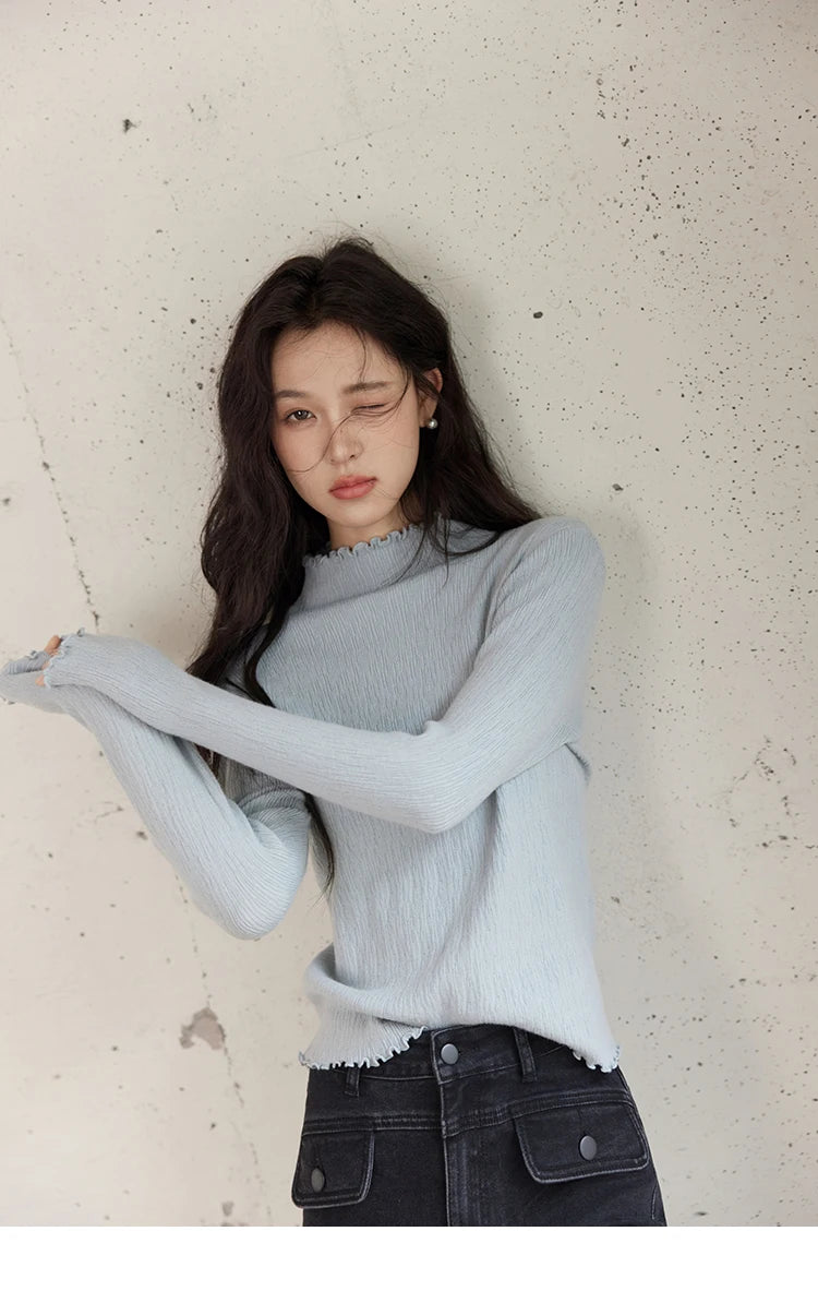 Mishow Ruffled Edge High Collar Slim Knit Top MXD48Z0850