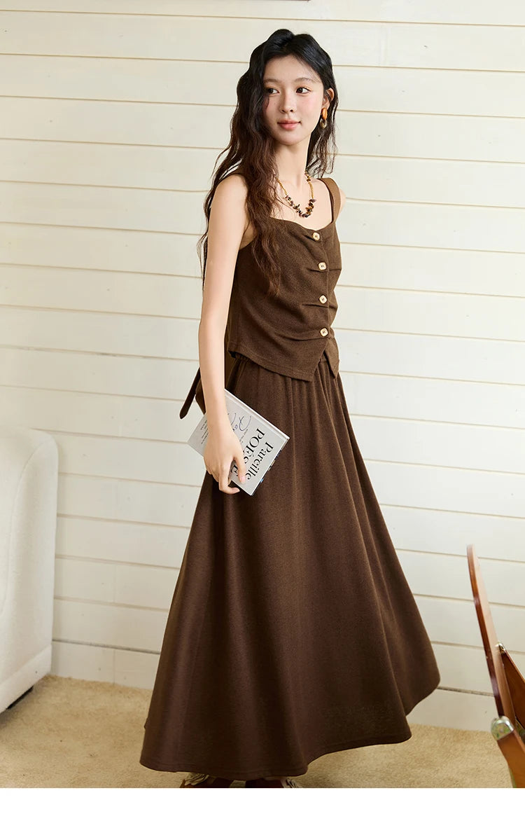 Mishow Retro Dark Brown Tank Top & Pleated A-Line Skirt Set MXE46T1378