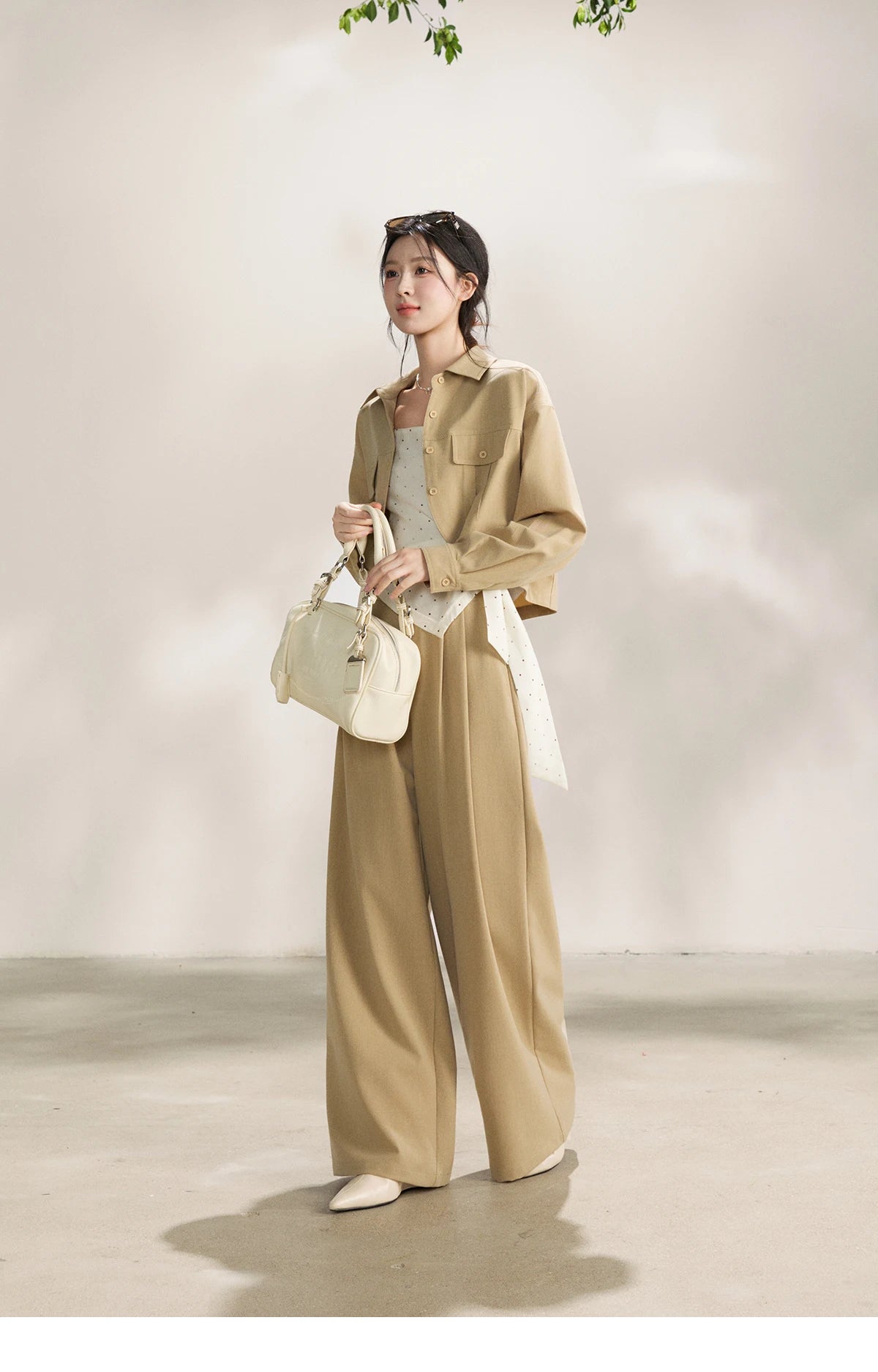 Mishow Khaki Cropped Jacket & Polka Dot Vest & Wide Leg Pants Three-Piece Set MXF13T1478