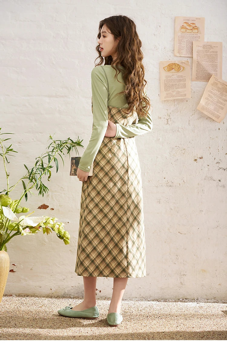 Mishow Hollow Knit Top & Plaid Suspender Dress Set MXD14L1679