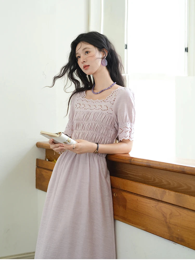 Mishow Purple Square Neck Puff Sleeve Lace Dress MXE39L2406