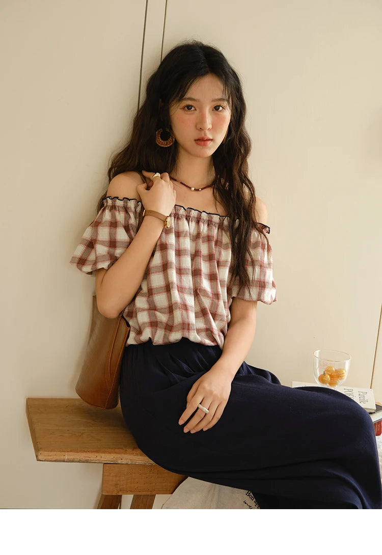 Mishow Retro Red Grid Puff Sleeve Top & Wide Leg Pants Set MXE37T0649