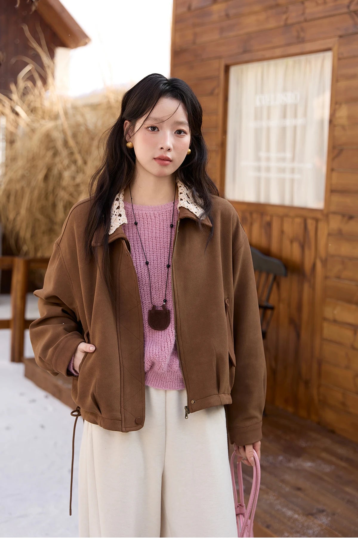 MISHOW Brown Jacket Detachable Lace Collar Drawstring Hem MXE45W0846
