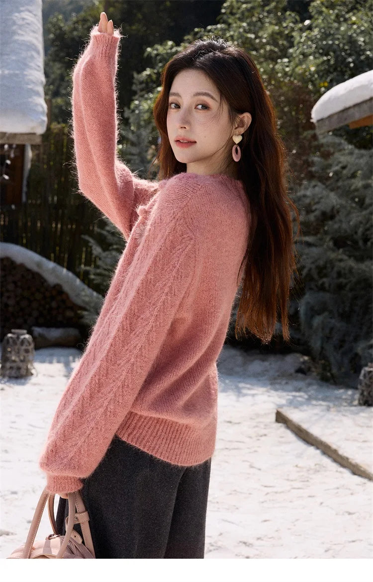 Mishow Raspberry Pink Floral Pom-Pom V-Neck Sweater MXE86Z2740