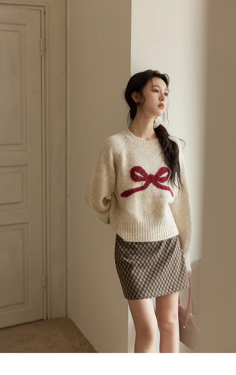 Mishow French Beige Embroidered Bow Tie O-Neck Sweater MXD35Z0944