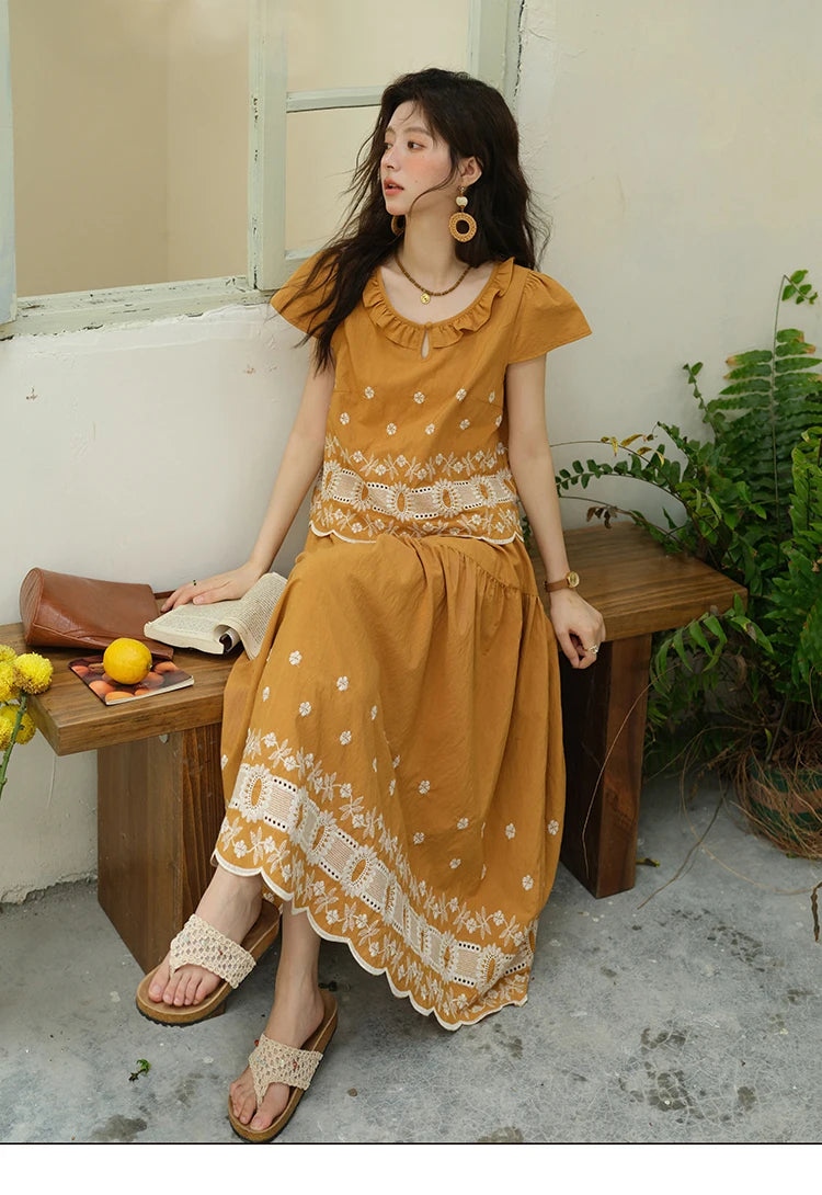 Mishow French Lace Embroidery Blouse & A-Line Skirt Set MXE39T0645