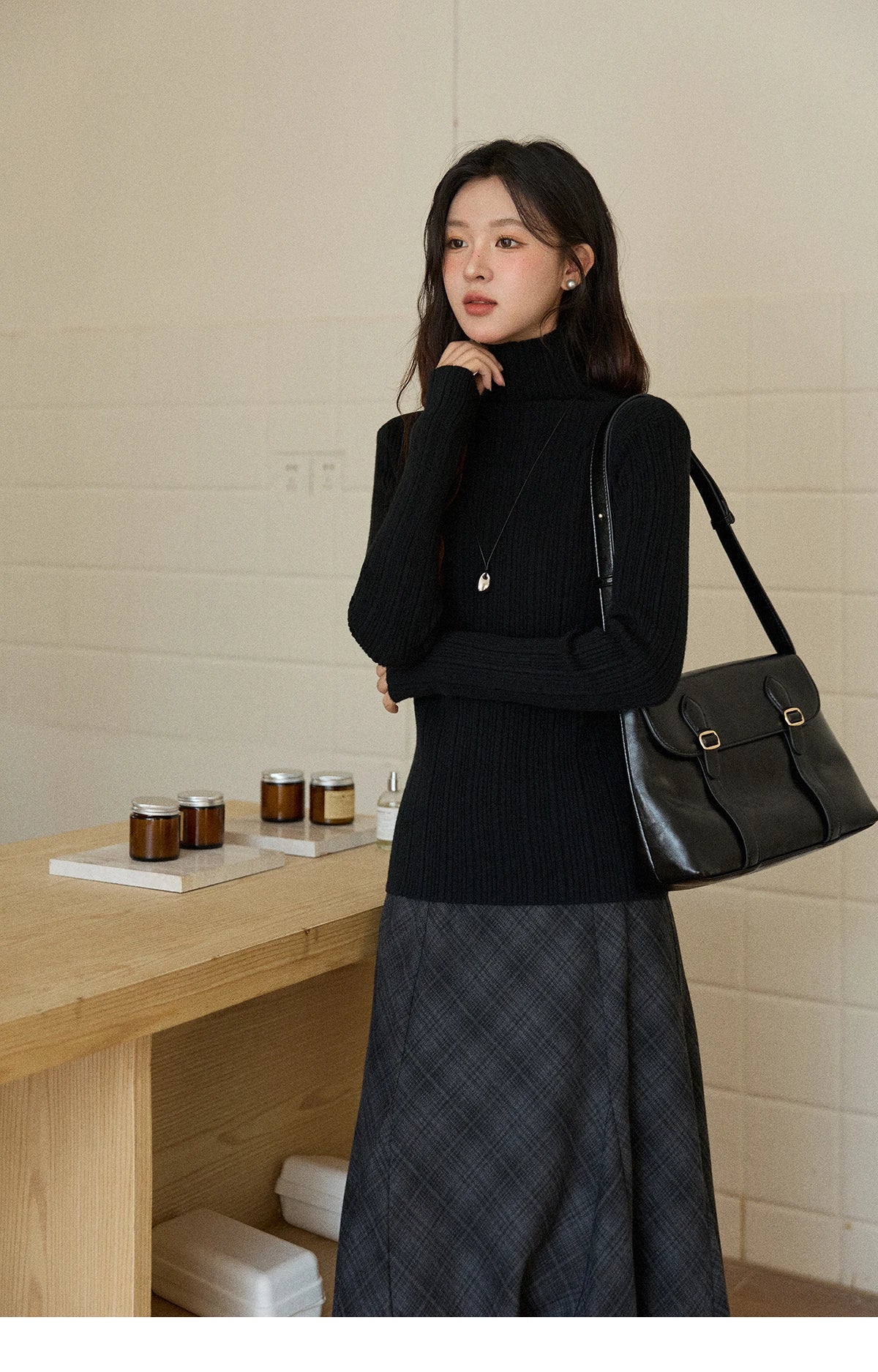 Mishow Solid Turtleneck Vertical Ribbed Slim Top MXE86Z2656