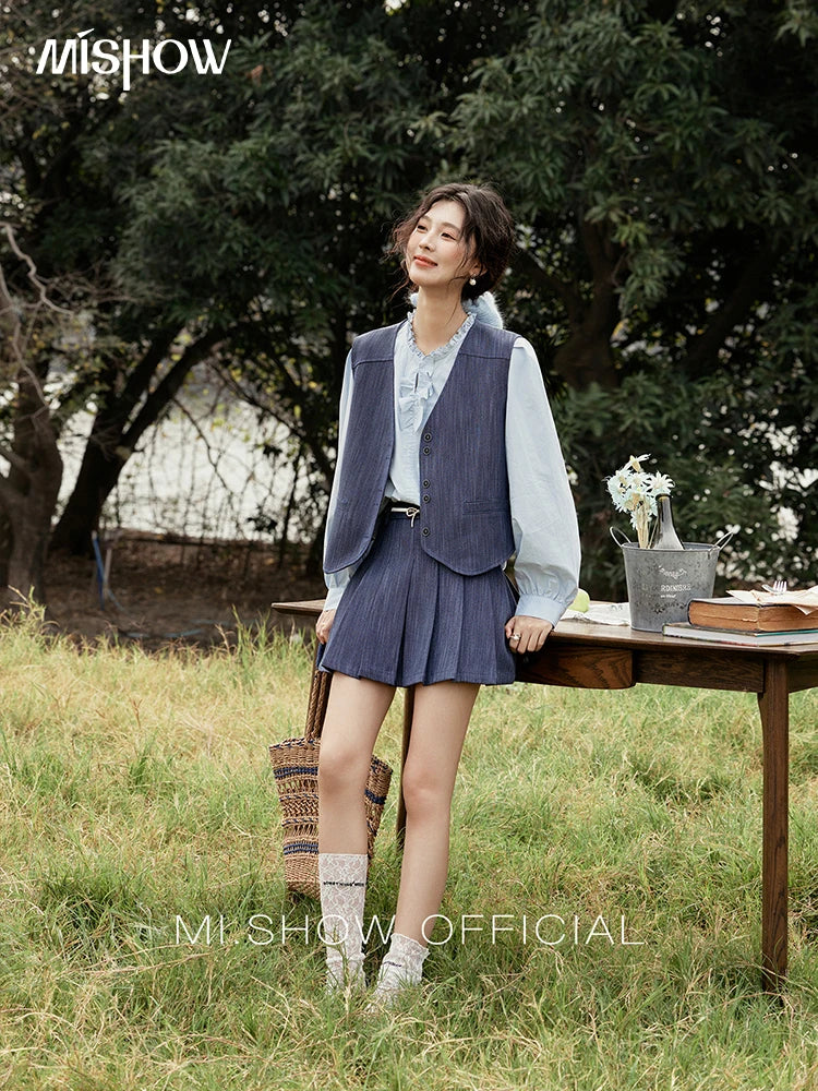 Mishow V-Neck Vest Coat & Pleated A-Line Skirt Set MXE31T0505