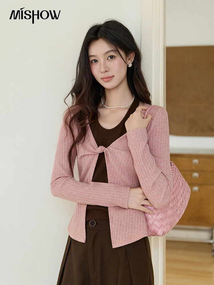 Mishow Pink Brown Fake Two-Piece Knot Front Top MXF11Z2912