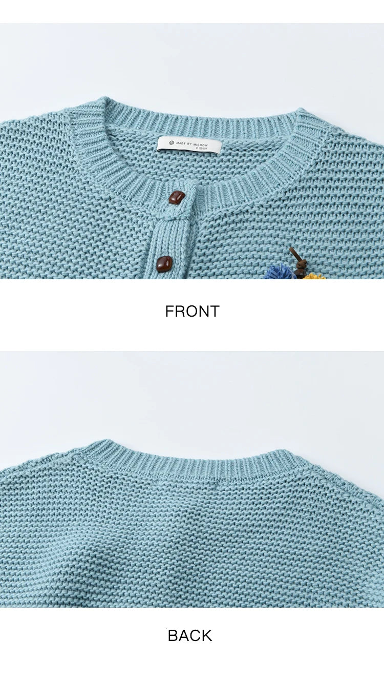 Mishow Blue Crew Neck Pompom Decor Cardigan MXE51Z2551