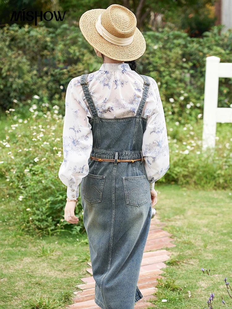 MISHOW Retro Denim Strap Pocket Midi Dress MXD14L1817