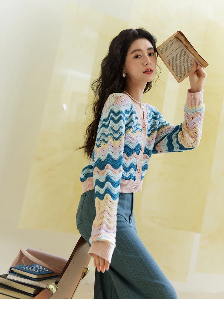 Mishow Color Stripe V-Neck Loose Cardigan MXE16Z1203