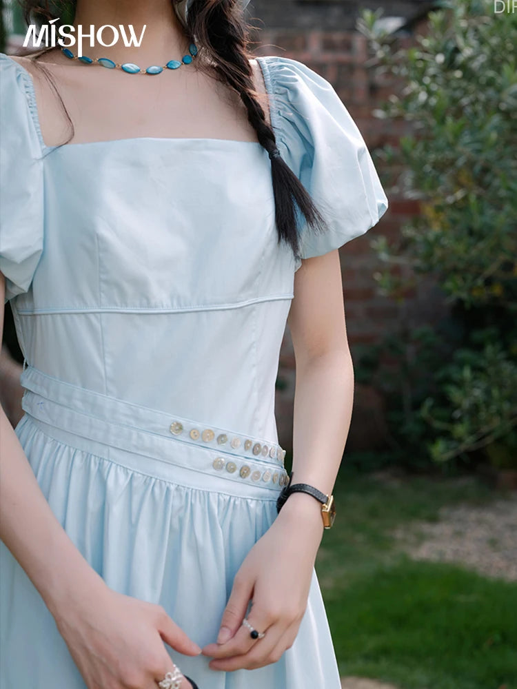 Mishow Square Neck Puff Sleeve Double Belt Dress MXE34L2222