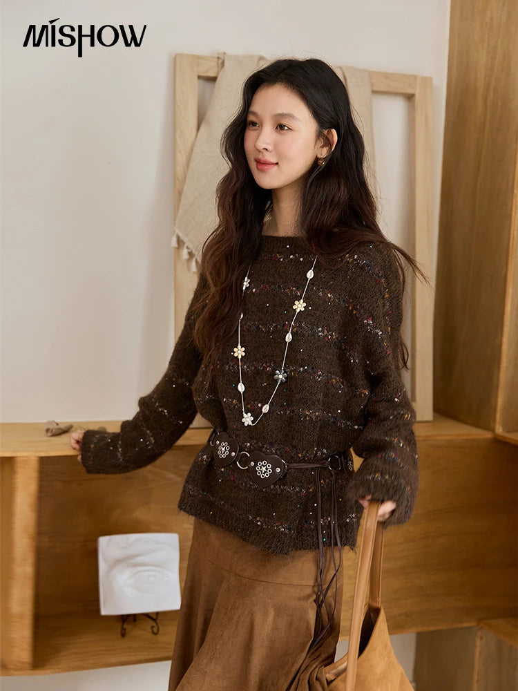 Mishow Brown Chrysanthemum Yarn Round Neck Sweater MXE47Z2574